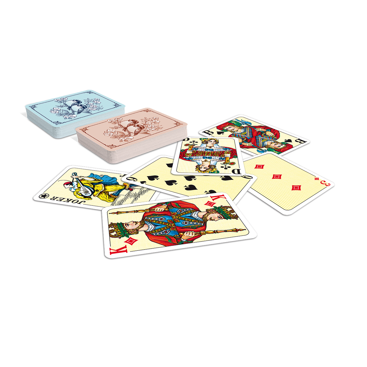 ASS Senioren Patience_Kartenstapel blau und rot sowie einige aufgedeckt Spielkarten zur Ansicht der Kartenbilder