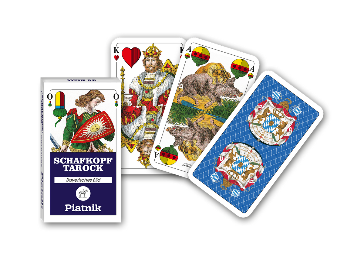 Faltschachtel der Schafkopf-Tarock-Spielkarten mit bayerischem Bild sowie ein Kartenfächer mit der Vorderseite des Herz-Königs, der Schellen-Sau und der Rückseite im Bayerischen Design.