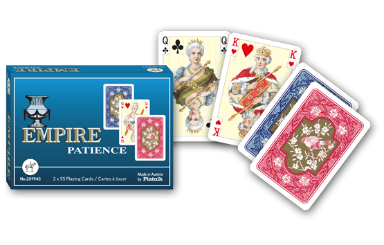2019 Piatnik -Empire Patience_Kartenschachtel + Spielkartenfächer mit Kreuz-Dame, Herzl-König und der roten bzw. blauen Kartenrückseite
