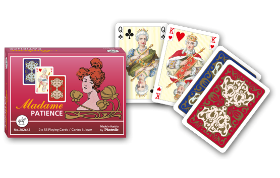 2026 Piatnik Madame Patience_Kartenschachtel + Spielkartenfächer mit Kreuz-Dame, Herzl-König und der roten bzw. blauen Kartenrückseite