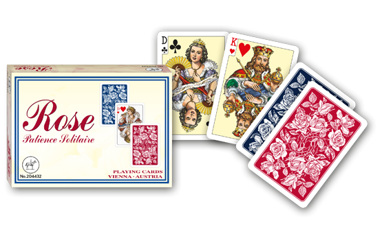 2044 Piatnik Rose Patience_Kartenschachtel + Spielkartenfächer mit Kreuz-Dame, Herzl-König und der roten bzw. blauen Kartenrückseite