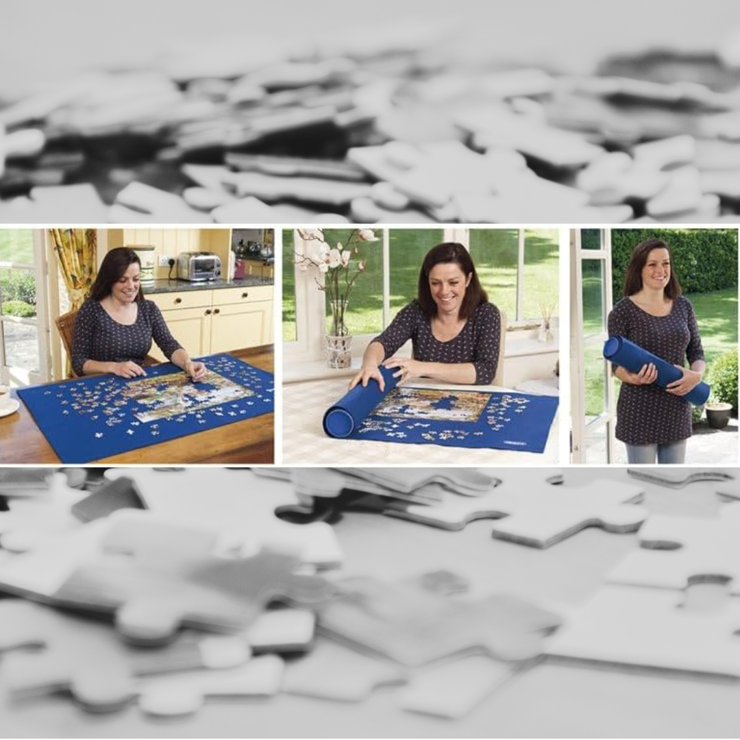 Auf der Abbildung ist die Verwendung der Piatnik Puzzle Rolle in drei Situationen wiw auf einem Filmstreifen zu sehen: Zunächst puzzelt eine Dame auf der Filzmatte am Tisch. Dann rollt sie die Matte mit Hilfe der Papprolle ein. Anschließend trägt sie die Rolle zum Verstauen weg.