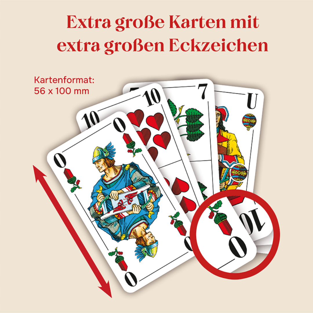 Grafik zu den Senioren Skat Spielkarten mit deutschem Bild. Hervorgehoben werden die extra großen Karten mit 56 x 100 mm und extra großen Eckzeichen.