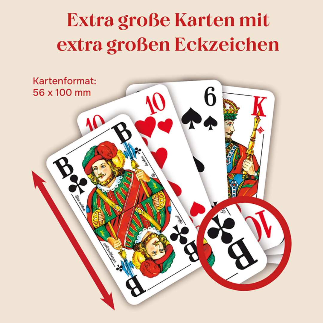 Grafik zu den Senioren Skat Spielkarten mit französischem Bild. Hervorgehoben werden die extra großen Karten mit 56 x 100 mm und extra großen Eckzeichen.
