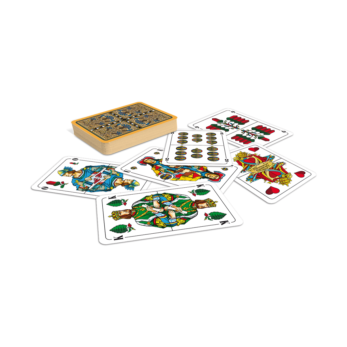 ASS Skat-Spielkarten mit deutschem Bild Kornblume lose und als Kartenstapel mit der gemusterten Rückseite.