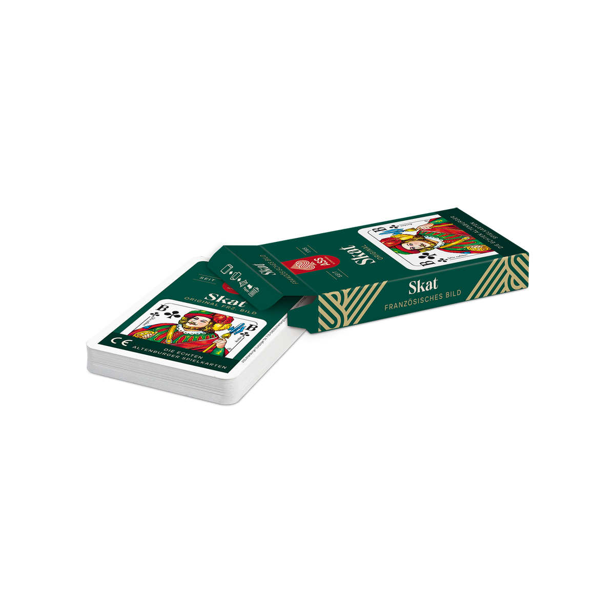 Liegende geöffnete Faltschachtel der Spielkarten Skat mit französischem Bild mit halb herausgezogenem Kartendeck.