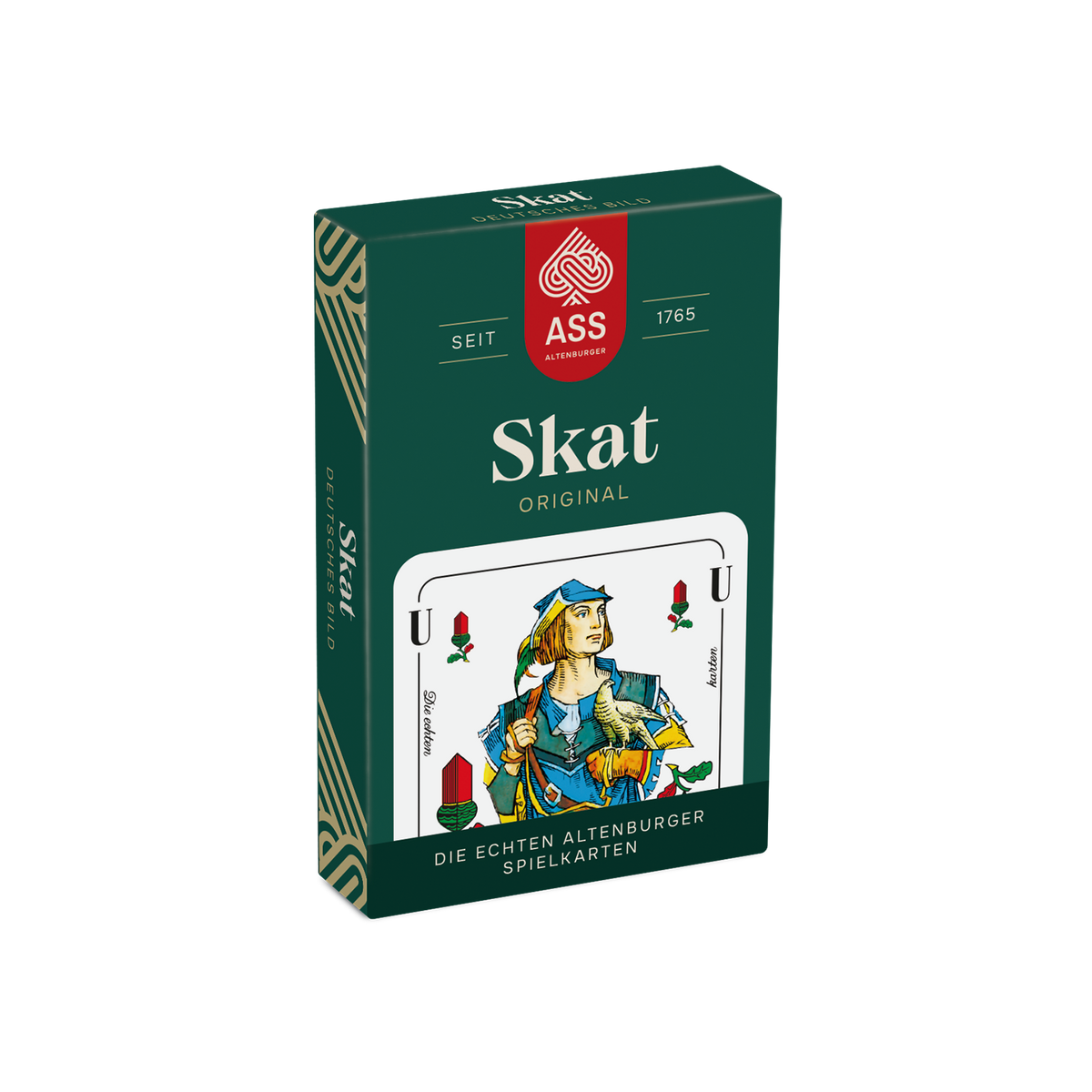 Vorderseite der Faltschachtel der Skat-Spielkarten mit deutschem Bild von der Firma ASS Altenburger.