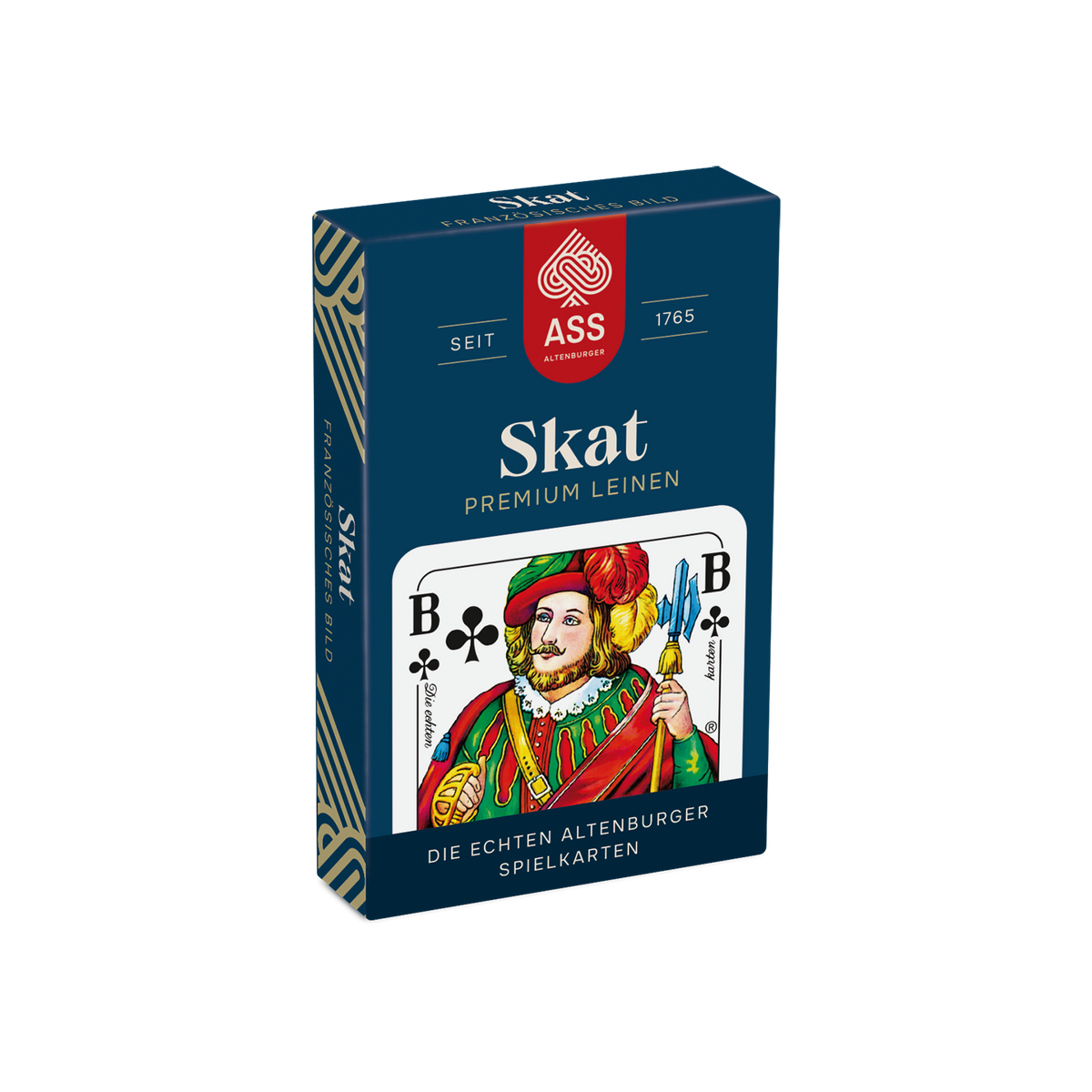 Vorderseite der Faltschachtel der Skat-Spielkarten Leinen mit französischem Bild von der Firma ASS Altenburger.
