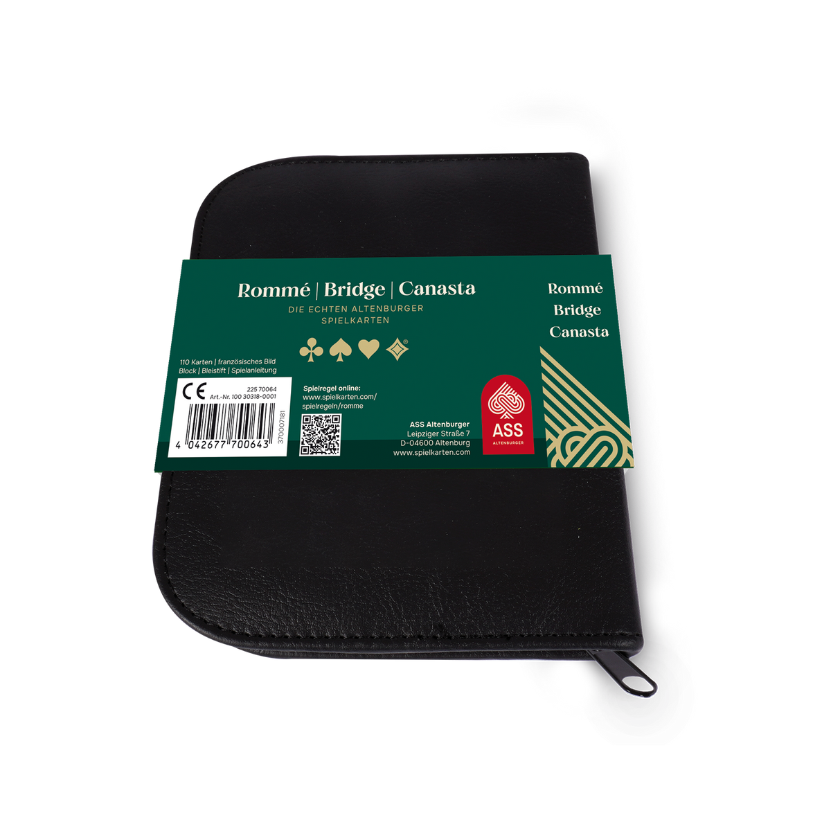 Schwarzes Spielkarten-Etui aus Kunstleder mit Papp-Banderole für ASS Spielkarten Rommé von der Rückseite.