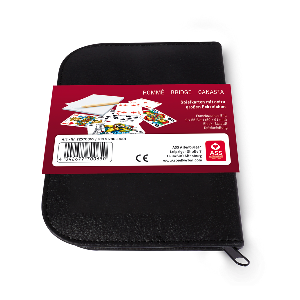 Schwarzes Spielkarten-Etui aus Kunstleder mit Papp-Banderole für ASS Spielkarten Senioren-Rommé von der Rückseite.