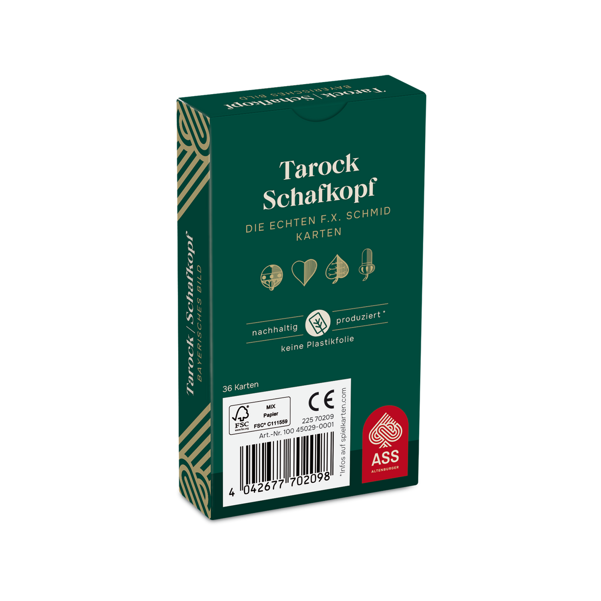 Rückseite der Faltschachtel der Spielkarten Tarock/Schafkopf mit bayerischem Bild von der Firma ASS Altenburger.