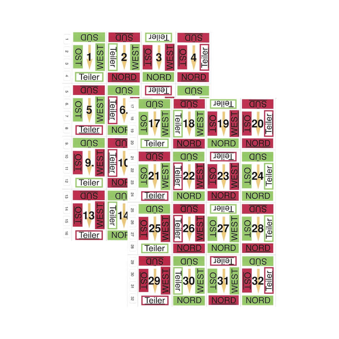 Aufkleber für Bridge Boards Super Plus, Sheets mit jeweils 16 Aufklebern - von 1-16und 17-32 inkl. Himmelrichtungen, Gefahr und Teiler.