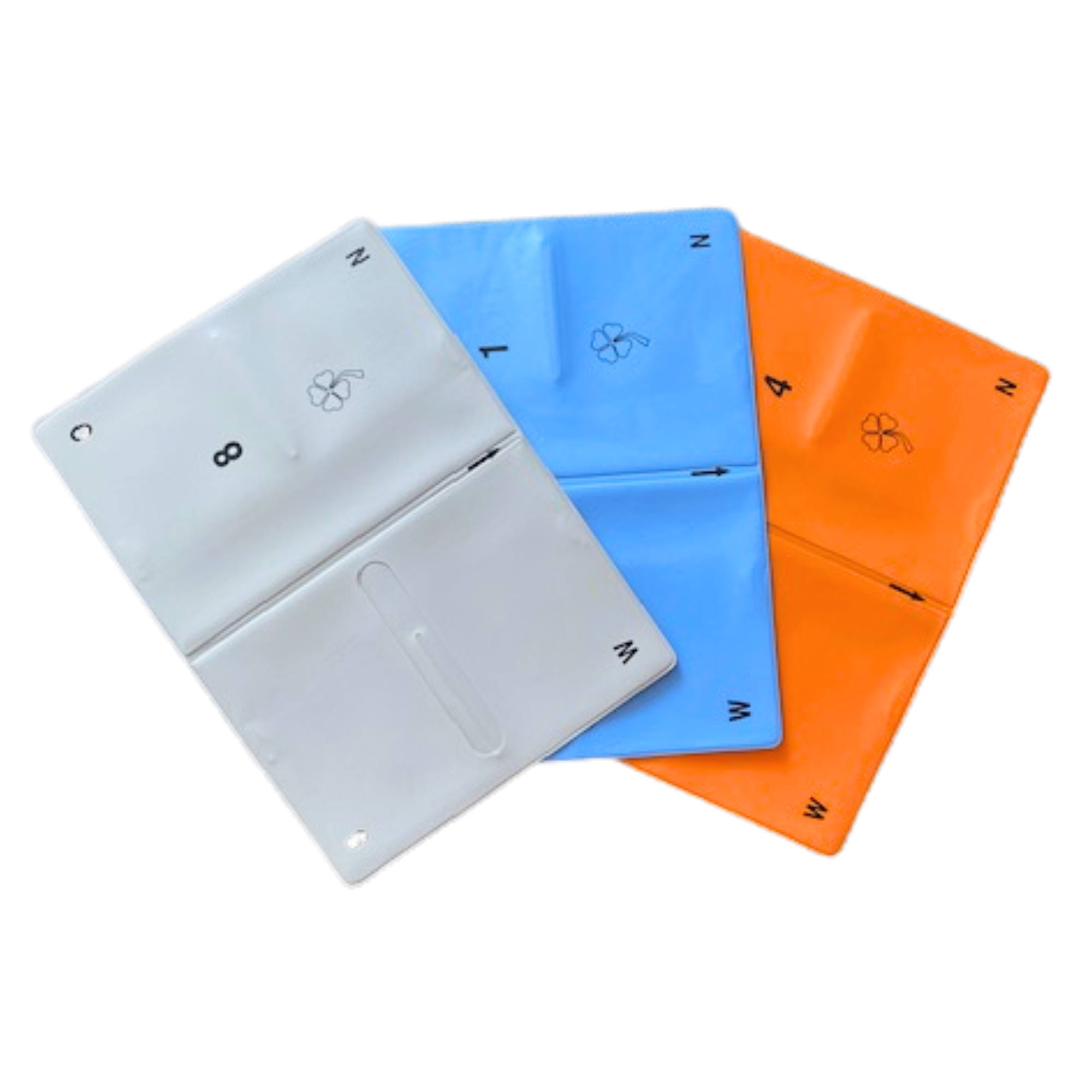 Weiche Bridge Boards, auch Wallets genannt - grau, hellblau und orange auf weißem Hintergrund.