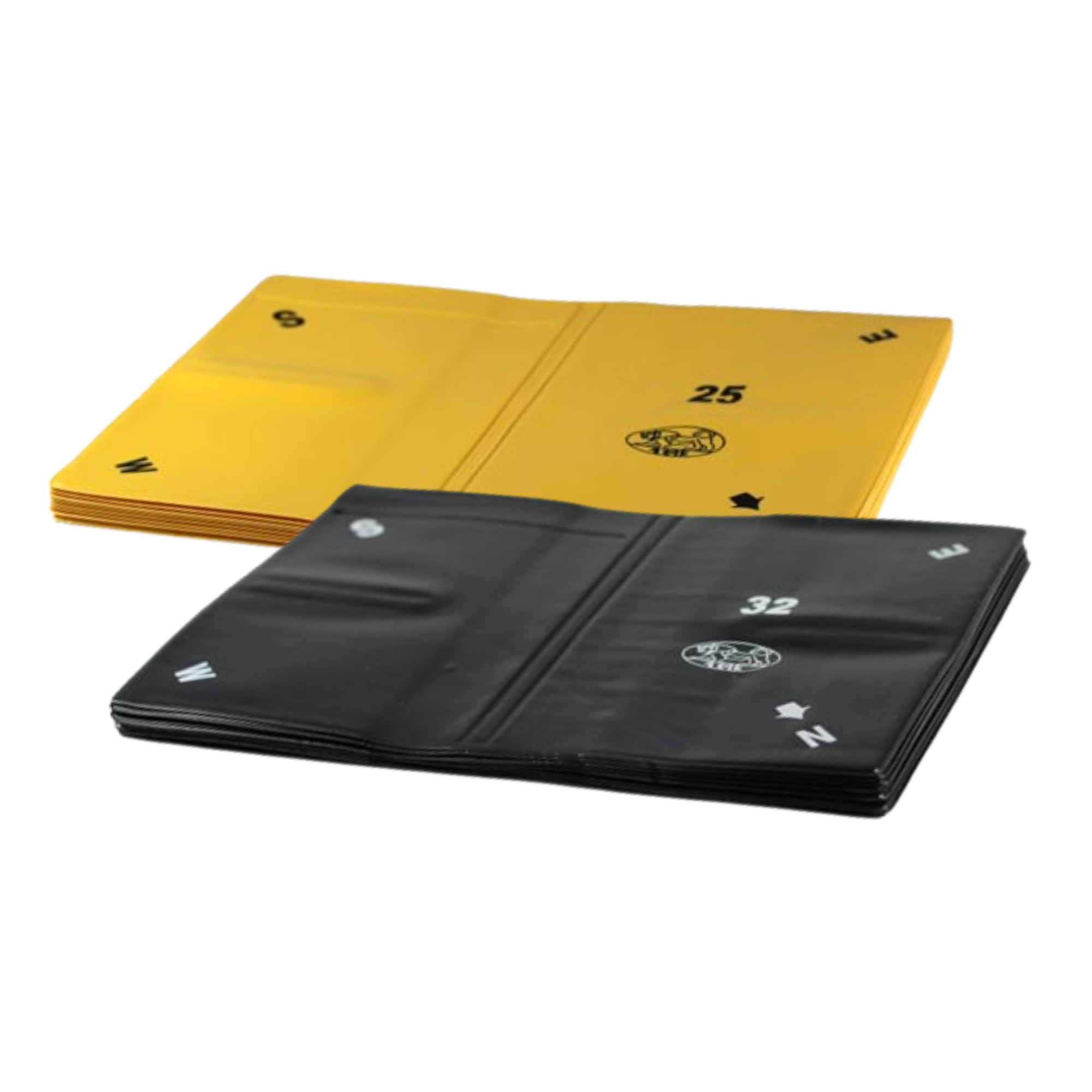 Weiche Bridge Boards, auch Wallets genannt - 8er-Sets in Gelb und Schwarz auf weißem Hintergrund.