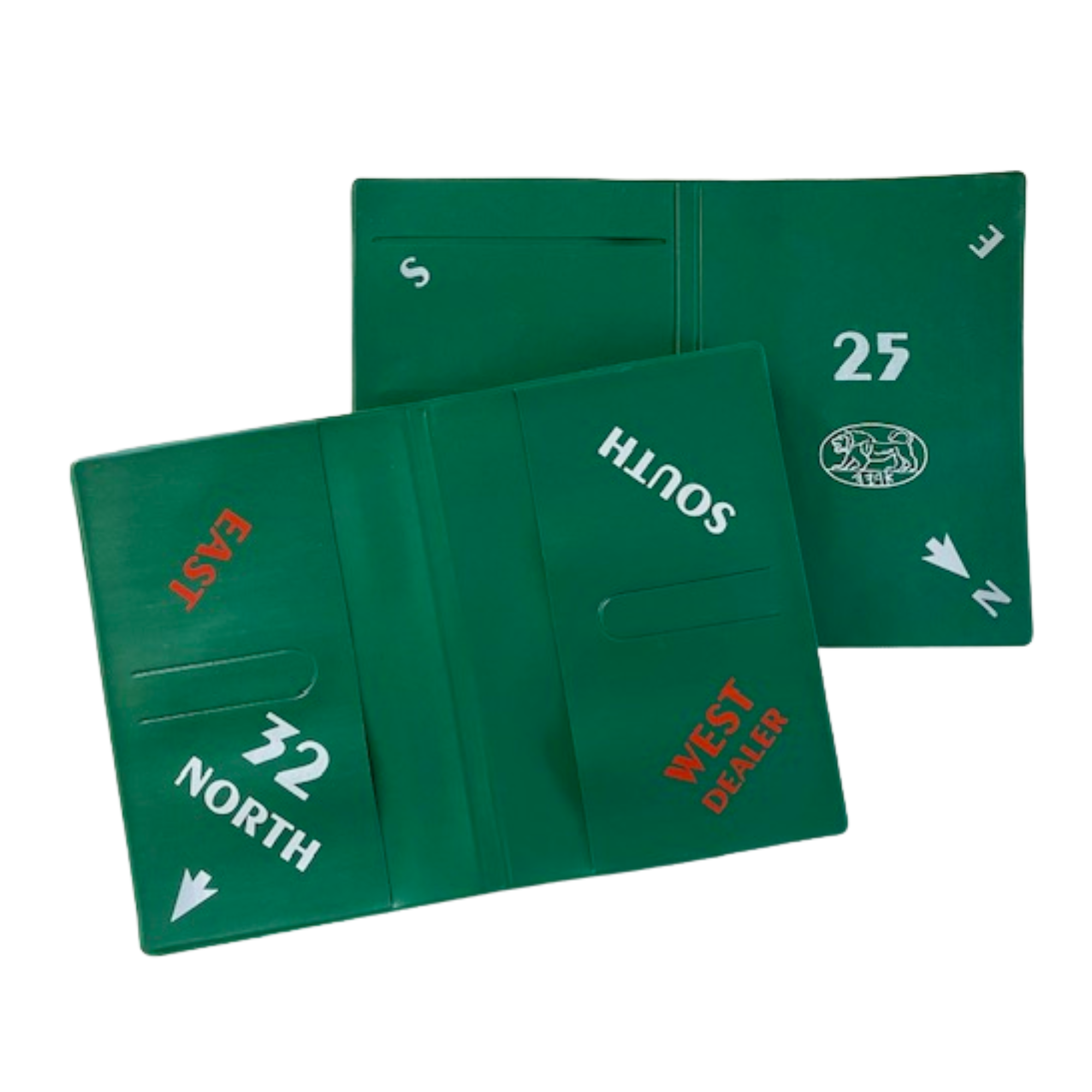 Weiche Bridge Boards, auch Wallets genannt, in grün (Vorder- und Rückseite) auf weißem Hintergrund.