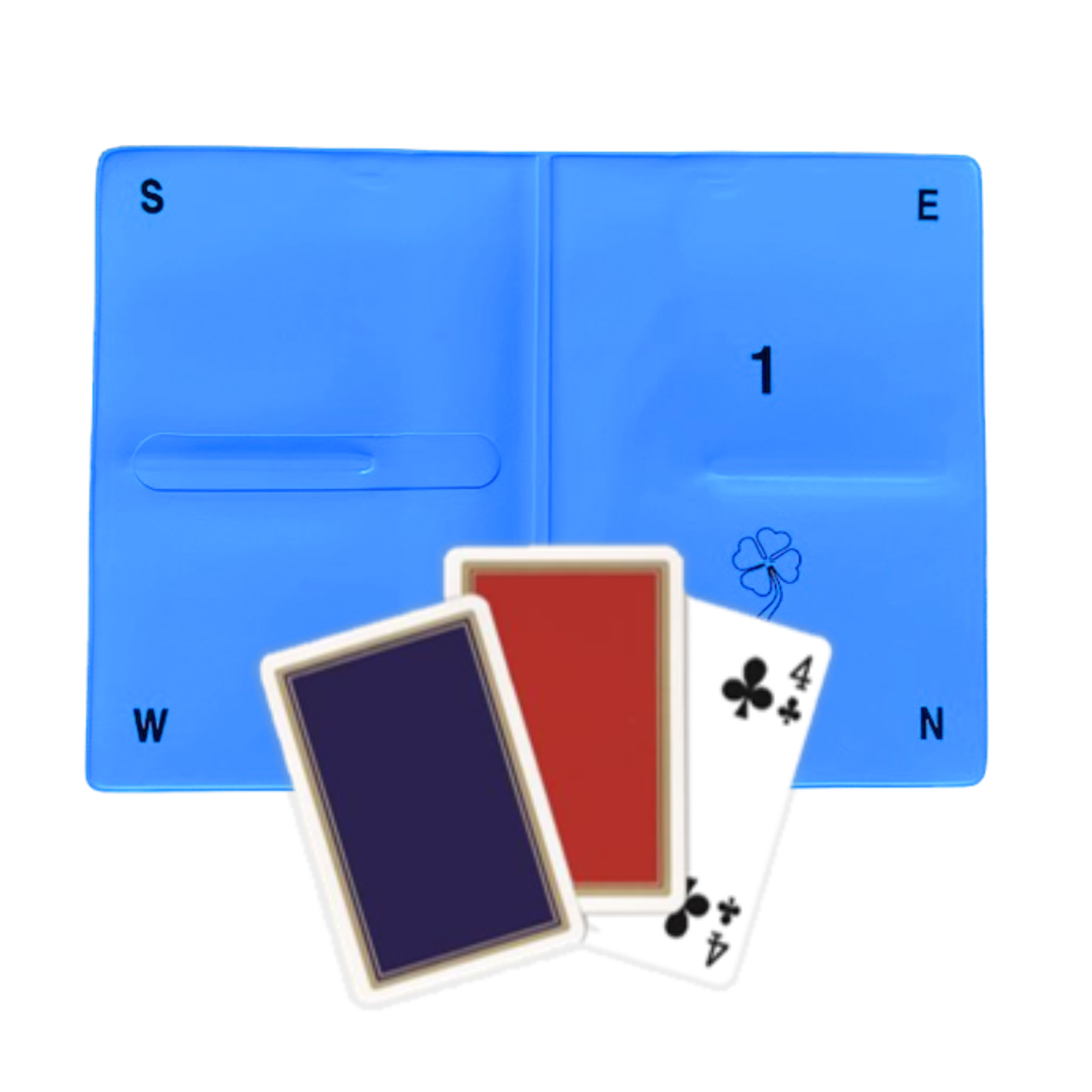 Weiche Bridge Boards, auch Wallets genannt in Hellblau mit Spielkarten mit roten bzw. blauen Rückseiten auf weißem Hintergrund.