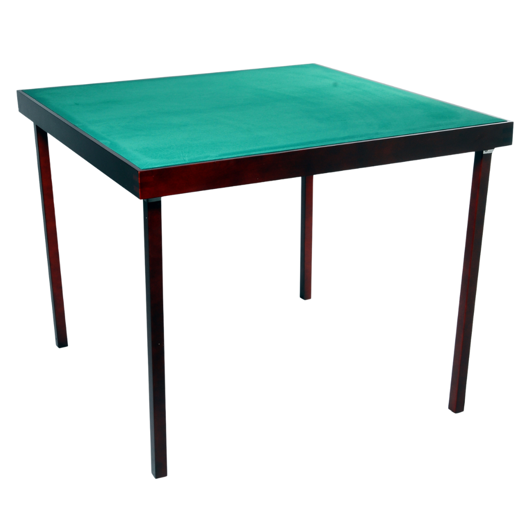 Klassischer Bridgetisch aus dunklem Holz vor weißem Hintergrund.