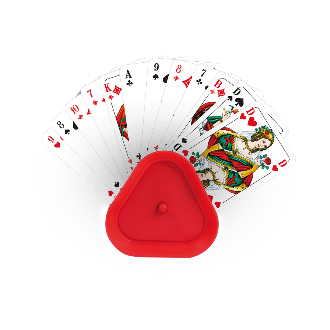 Praktischer kleiner Kartenhalter aus roten Kunststoff mit 12 Spielkarten (max. 30 Karten) vor weißem Hintergrund.
