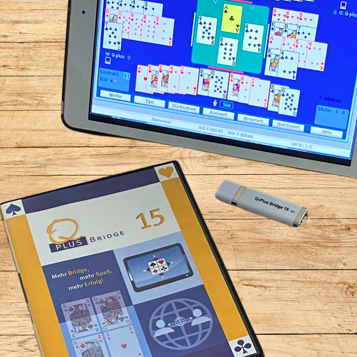 Bridgeprogramm Q-plus Bridge auf iPad mit USB-Stick und CD