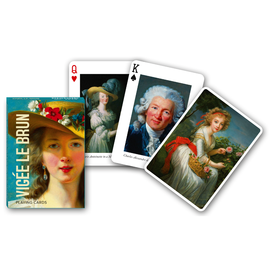 Themenkarten aus der Serie Collectors Cards von Piatnik zum Thema Vigée Le Brun: Abgebildet sind die Schachtelvorderseite, zwei individuell gestaltete Karten mit Motiven von Vigée Le Brund sowie die Kartenrückseite.
