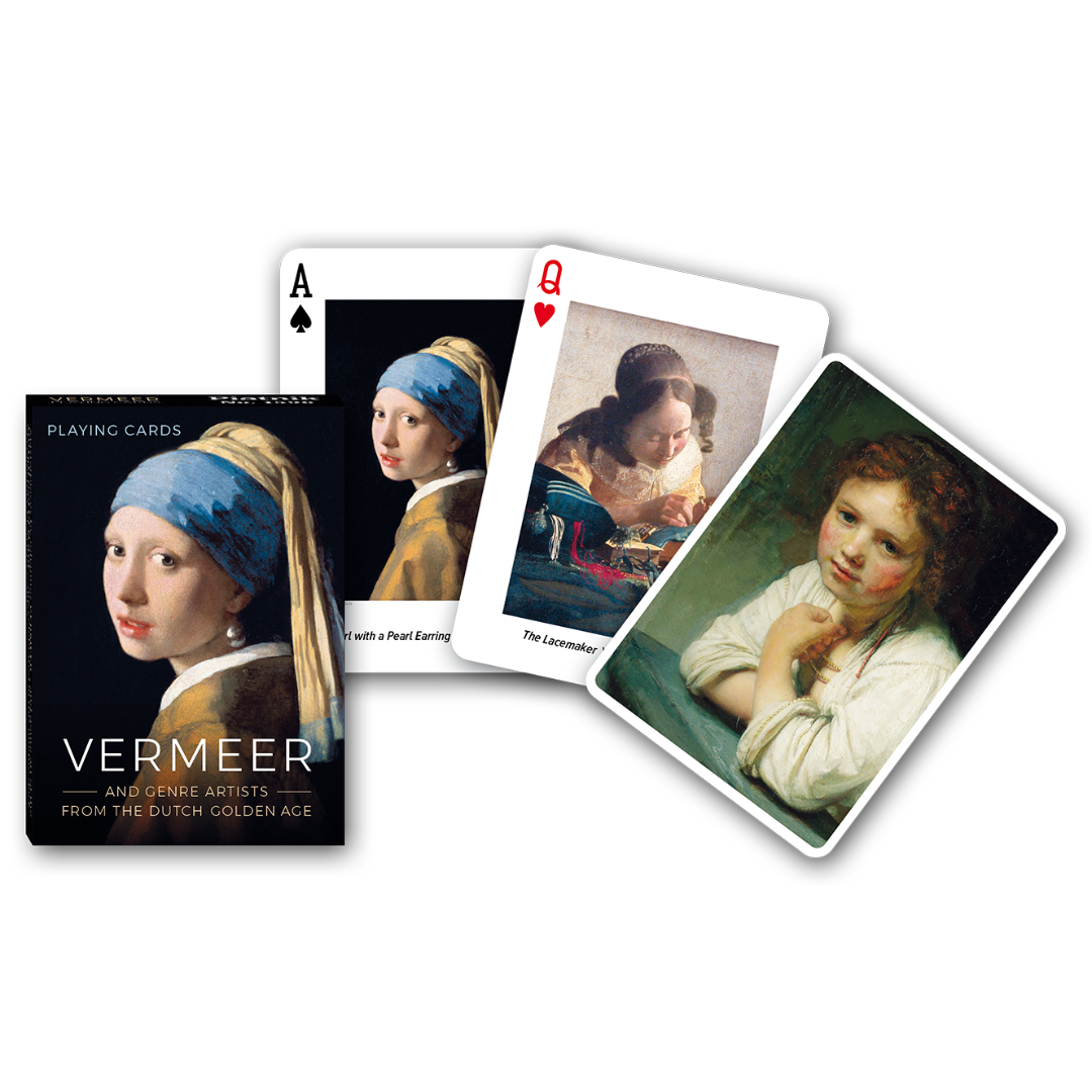 Themenkarten aus der Serie Collectors Cards von Piatnik zum Thema Vermeer: Abgebildet sind die Schachtelvorderseite, zwei individuell gestaltete Karten mit Motiven von Vermeer (z.B. "Das Mädchen mit den Perlenohrringen") sowie die Kartenrückseite.