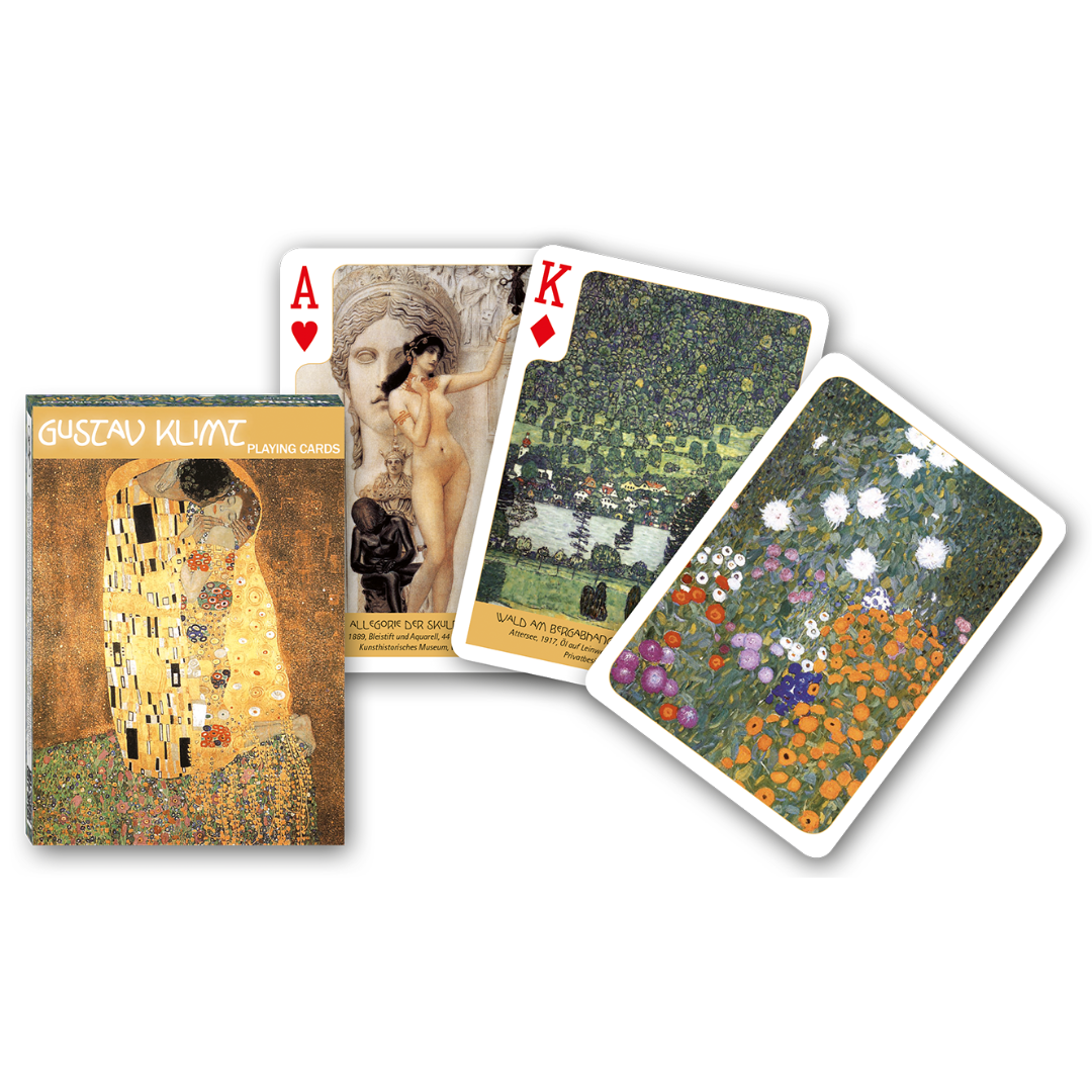 Themenkarten aus der Serie Collectors Cards von Piatnik zum Thema Klimt: Abgebildet sind die Schachtelvorderseite, zwei individuell gestaltete Karten mit Motiven von Klimt sowie die Kartenrückseite.