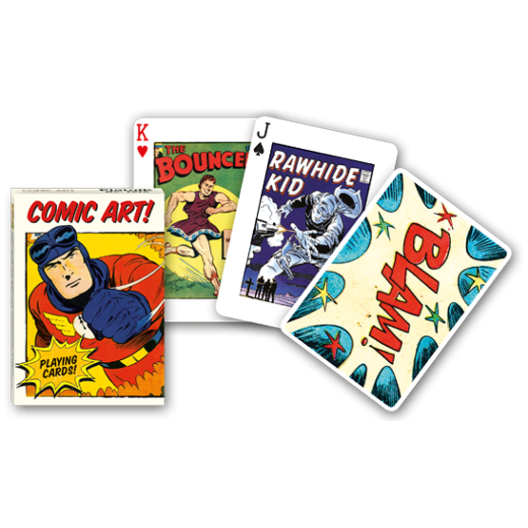 Themenkarten aus der Serie Collectors Cards von Piatnik zum Thema Comic Art: Abgebildet sind die Schachtelvorderseite, zwei individuell gestaltete Karten mit passenden Motiven zum Thema (The Bouncer / Rawhide Kid) sowie die Kartenrückseite.