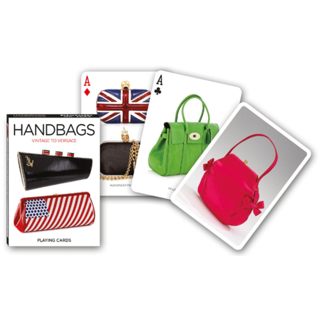 Themenkarten aus der Serie Collectors Cards von Piatnik zum Thema Handtaschen: Abgebildet sind die Schachtelvorderseite, zwei individuell gestaltete Karten mit passenden Motiven zum Thema sowie die Kartenrückseite.
