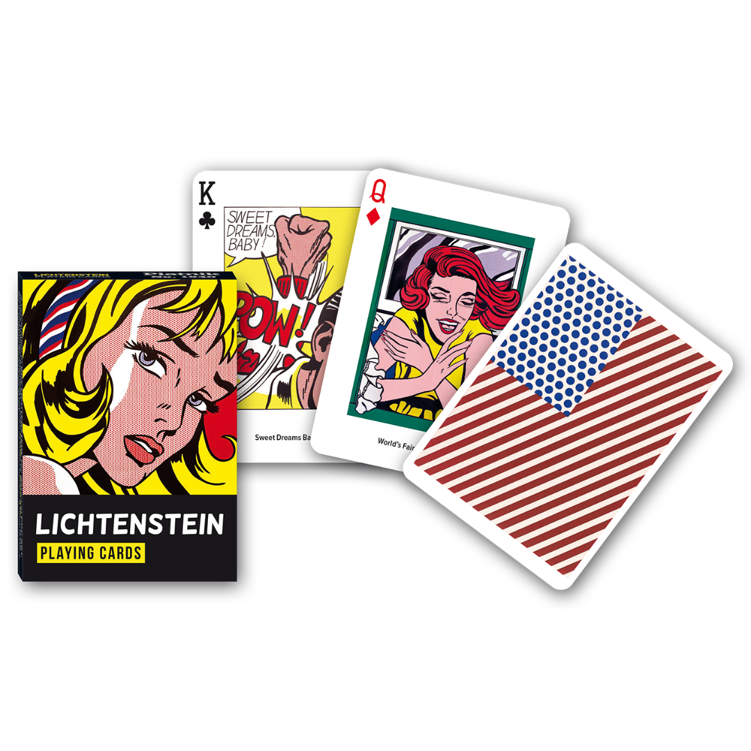 Themenkarten aus der Serie Collectors Cards von Piatnik zum Thema Roy Lichtenstein: Abgebildet sind die Schachtelvorderseite, zwei individuell gestaltete Karten mit Motiven von Lichtenstein sowie die Kartenrückseite.