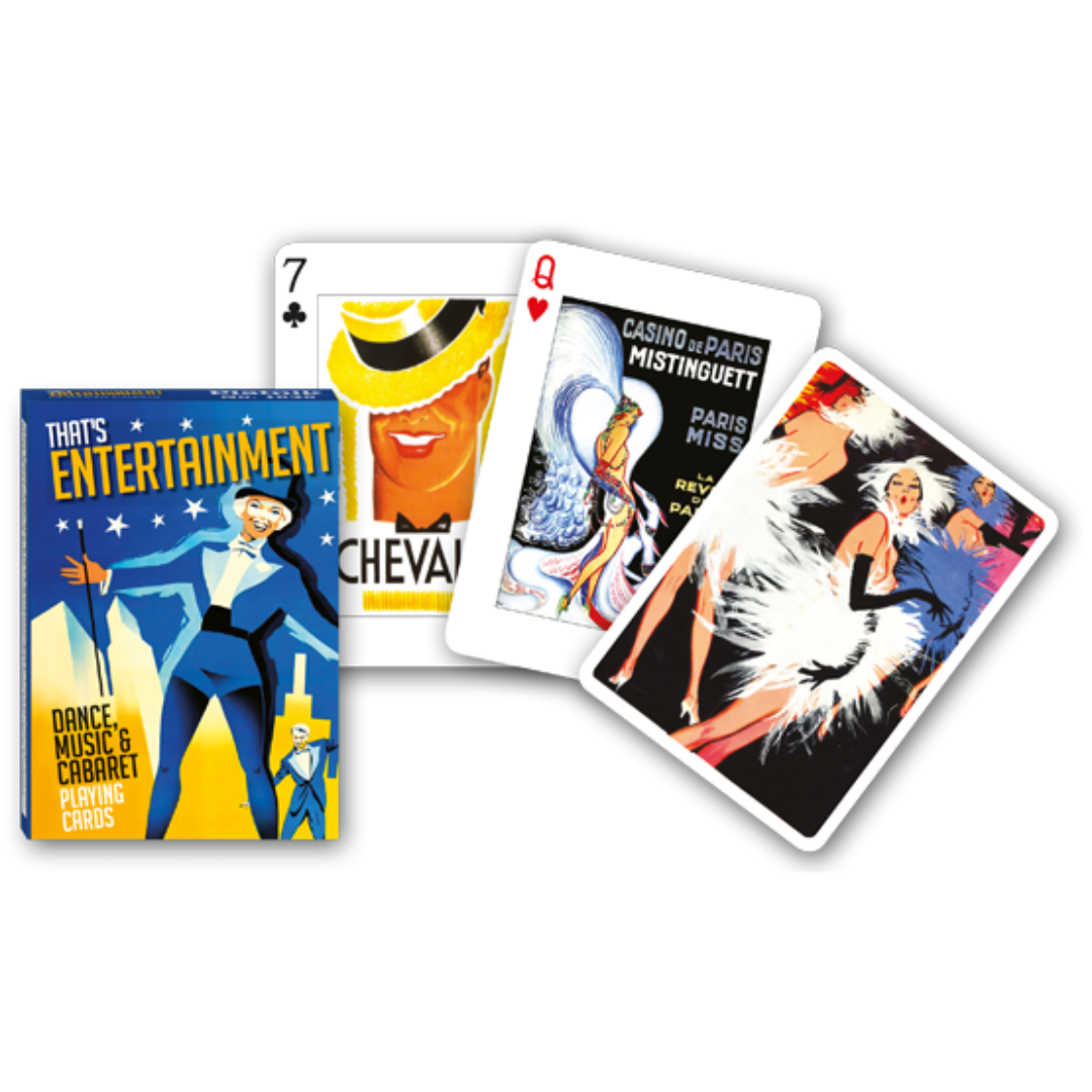 Themenkarten aus der Serie Collectors Cards von Piatnik zum Thema That's Entertainment: Abgebildet sind die Schachtelvorderseite, zwei individuell gestaltete Karten mit passenden Motiven zum Thema sowie die Kartenrückseite.