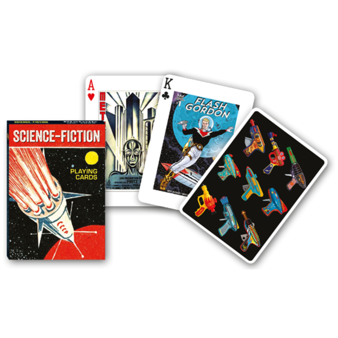Themenkarten aus der Serie Collectors Cards von Piatnik zum Thema Science Fiction: Abgebildet sind die Schachtelvorderseite, zwei individuell gestaltete Karten mit passenden Motiven zum Thema sowie die Kartenrückseite.