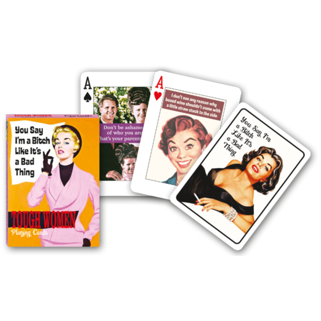 Themenkarten aus der Serie Collectors Cards von Piatnik zum Thema Tough Women: Abgebildet sind die Schachtelvorderseite, zwei individuell gestaltete Karten mit passenden Motiven zum Thema sowie die Kartenrückseite.