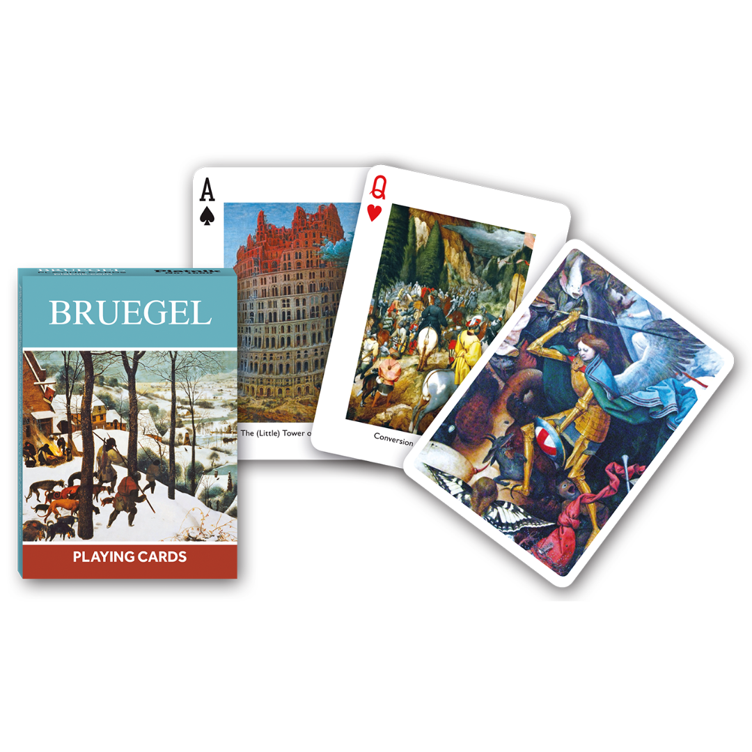 Themenkarten aus der Serie Collectors Cards von Piatnik zum Thema Bruegel: Abgebildet sind die Schachtelvorderseite, zwei individuell gestaltete Karten mit Motiven von Bruegel sowie die Kartenrückseite.