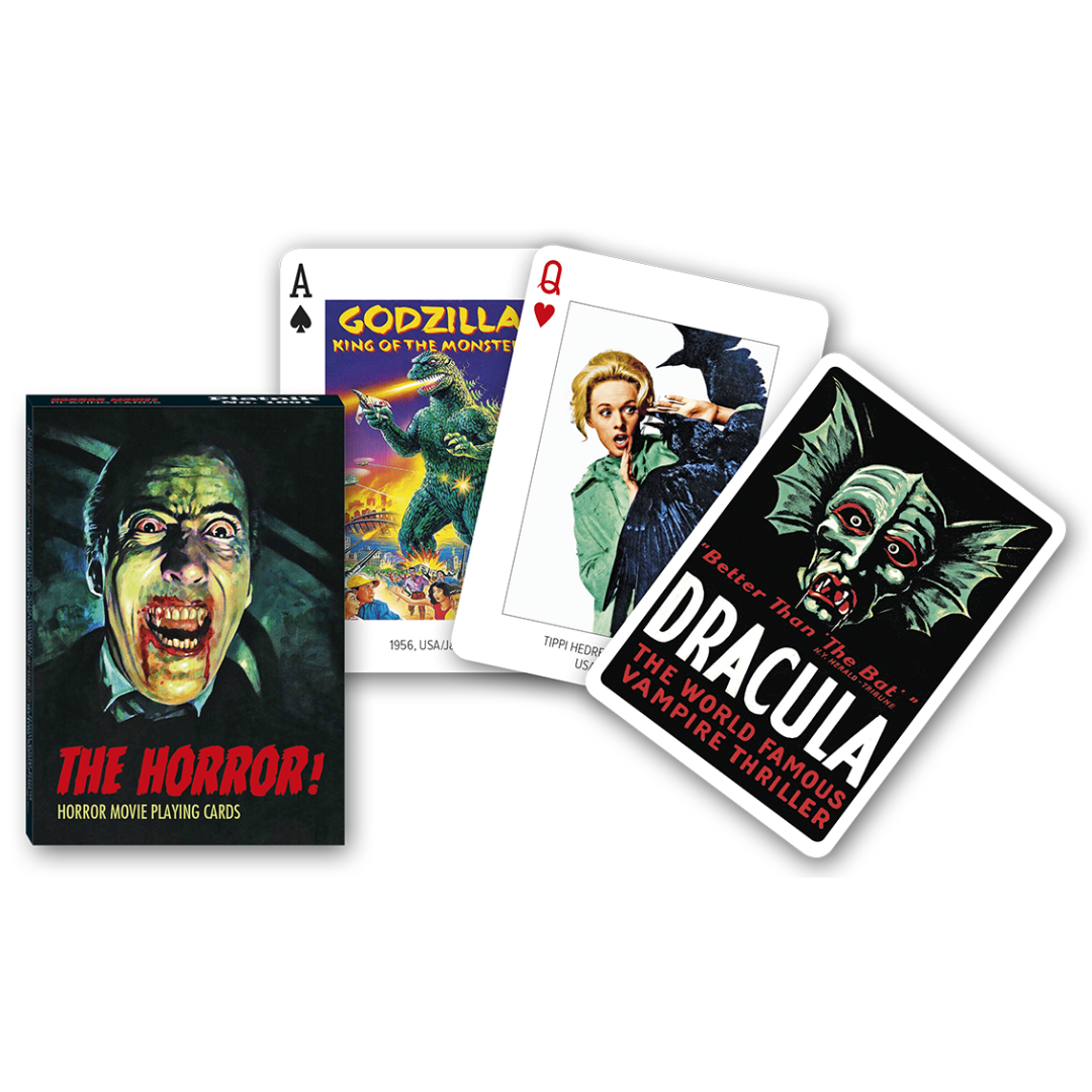 Themenkarten aus der Serie Collectors Cards von Piatnik zum Thema "The Horror" mit Motiven aus bekannten Horrorfilmen: Abgebildet sind die Schachtelvorderseite, zwei individuell gestaltete Karten mit passenden Motiven - Godzilla und Tipppi Hedren aus "Die Vögel" sowie die Kartenrückseite mit Dracula.