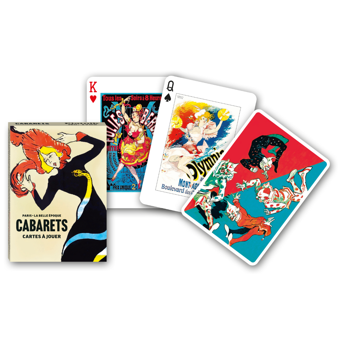 Themenkarten aus der Serie Collectors Cards von Piatnik zum Thema Cabarets: Abgebildet sind die Schachtelvorderseite, zwei individuell gestaltete Karten mit passenden Motiven sowie die Kartenrückseite.
