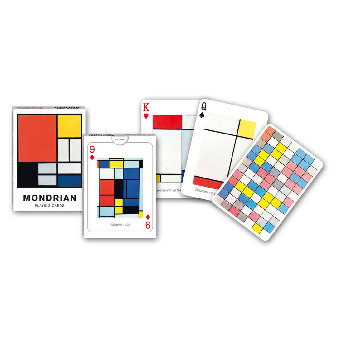 Themenkarten aus der Serie Collectors Cards von Piatnik: Mondrian, Front- und Rückseite der Schachtel und eine Auswahl der individuell bedruckten Spielkarten.