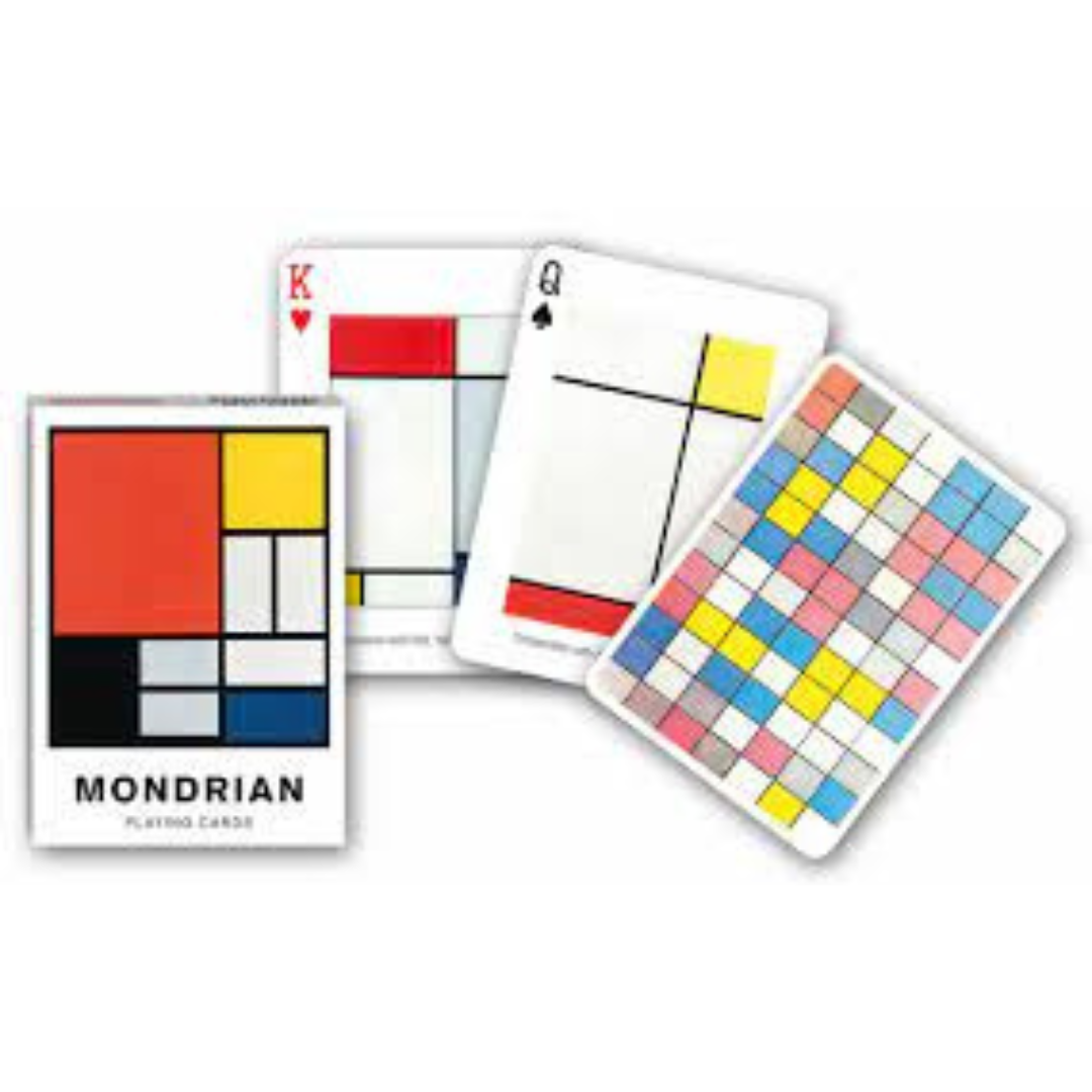 Themenkarten aus der Serie Collectors Cards von Piatnik zum Thema Mondrian: Abgebildet sind die Schachtelvorderseite, zwei individuell gestaltete Karten mit Motiven von Mondrian sowie die Kartenrückseite.