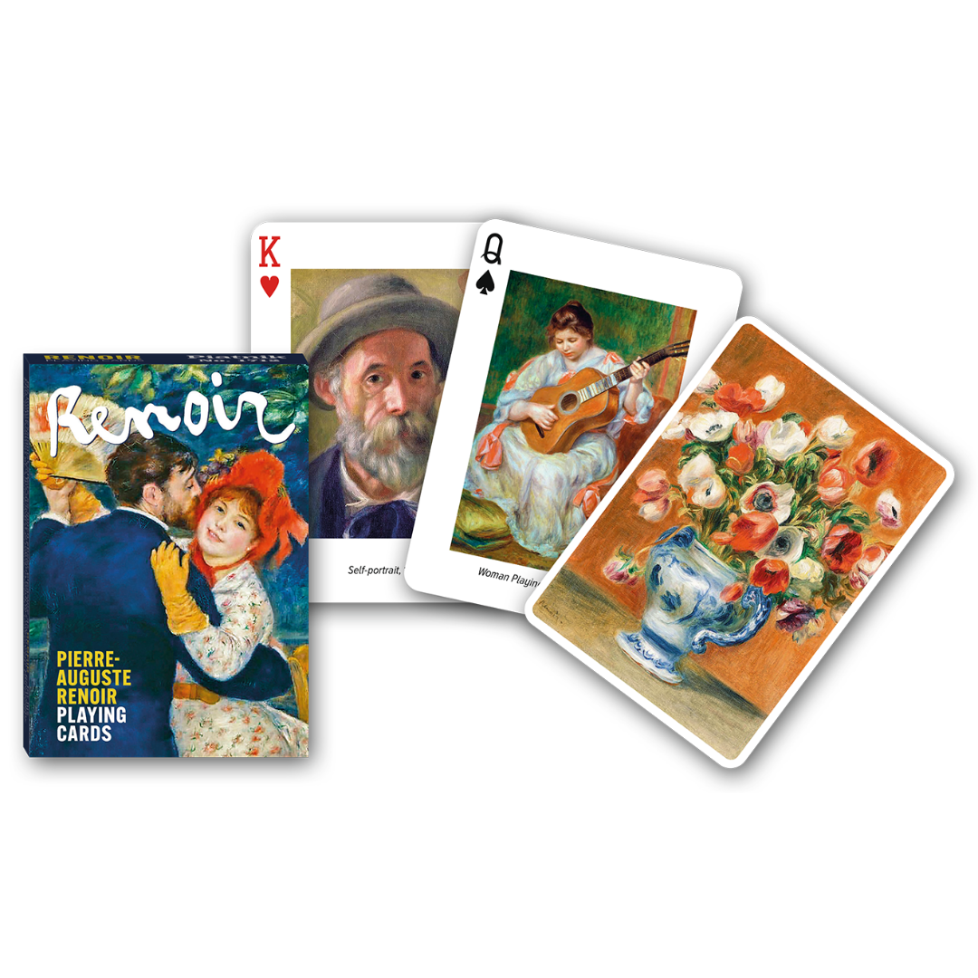 Themenkarten aus der Serie Collectors Cards von Piatnik zum Thema Renoir: Abgebildet sind die Schachtelvorderseite, zwei individuell gestaltete Karten mit Motiven von Renoir sowie die Kartenrückseite.