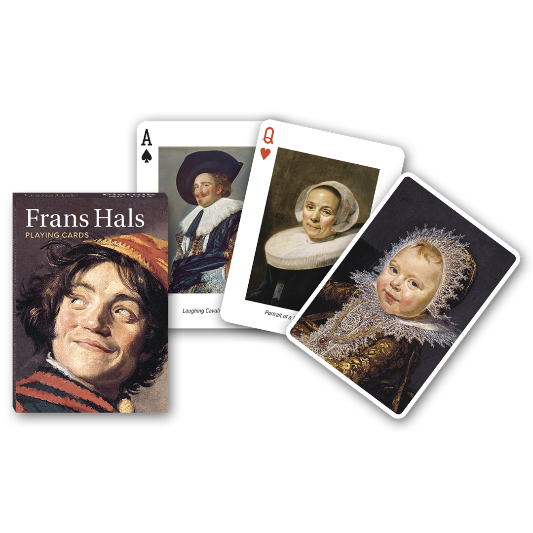 Themenkarten aus der Serie Collectors Cards von Piatnik zum Thema Frans Hals: Abgebildet sind die Schachtelvorderseite, zwei individuell gestaltete Karten mit Motiven von Frans Hals sowie die Kartenrückseite.