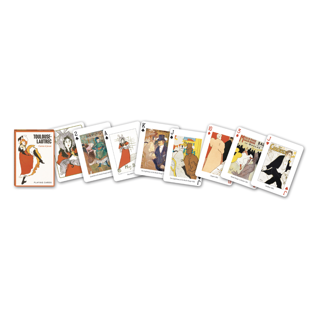 Themenkarten aus der Serie Collectors Cards von Piatnik - Toulouse Lautrec, Front der Schachtel und eine Auswahl der individuell bedruckten Spielkarten.