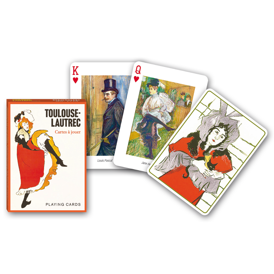Themenkarten aus der Serie Collectors Cards von Piatnik zum Thema Touloase Lautrec: Abgebildet sind die Schachtelvorderseite, zwei individuell gestaltete Karten mit Motiven von Toulouse Lautrec sowie die Kartenrückseite.
