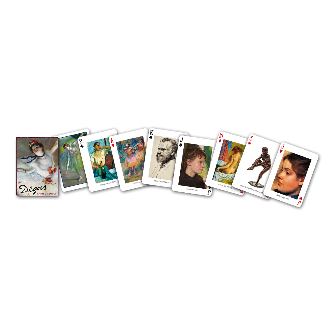 Themenkarten aus der Serie Collectors Cards von Piatnik - Degas, Front der Schachtel und eine Auswahl der individuell bedruckten Spielkarten sowie einmal die Rückseite aller Karten.