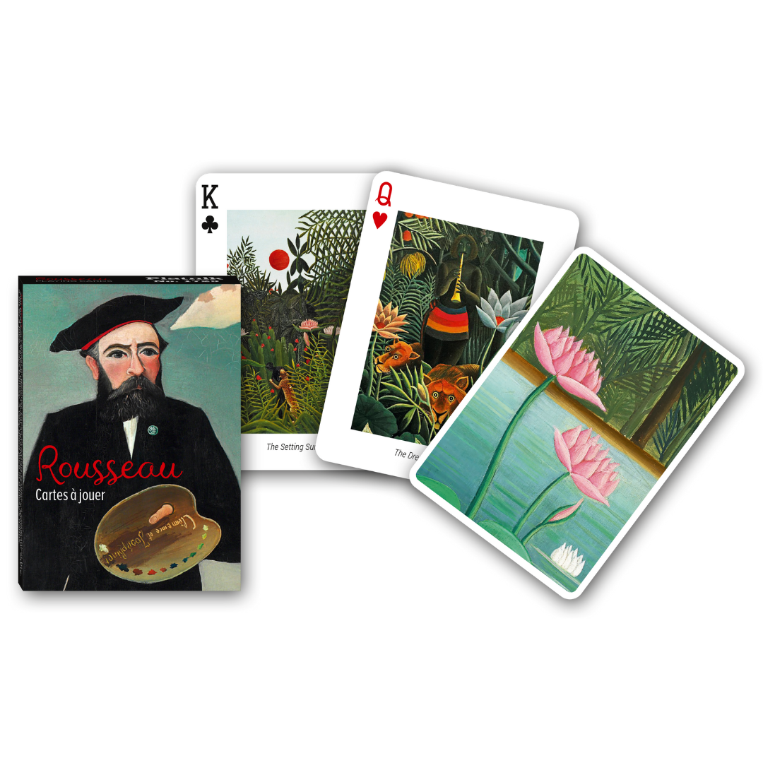 Themenkarten aus der Serie Collectors Cards von Piatnik zum Thema Rousseau: Abgebildet sind die Schachtelvorderseite, zwei individuell gestaltete Karten mit Motiven von Rousseau sowie die Kartenrückseite.