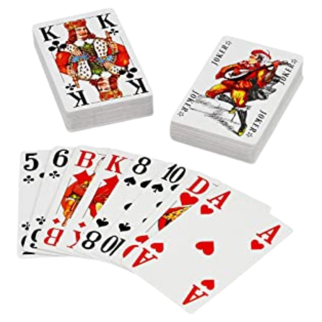 Kartenstapel und Kartenfaecher von Spielkarten mit großen Eckzeichen.