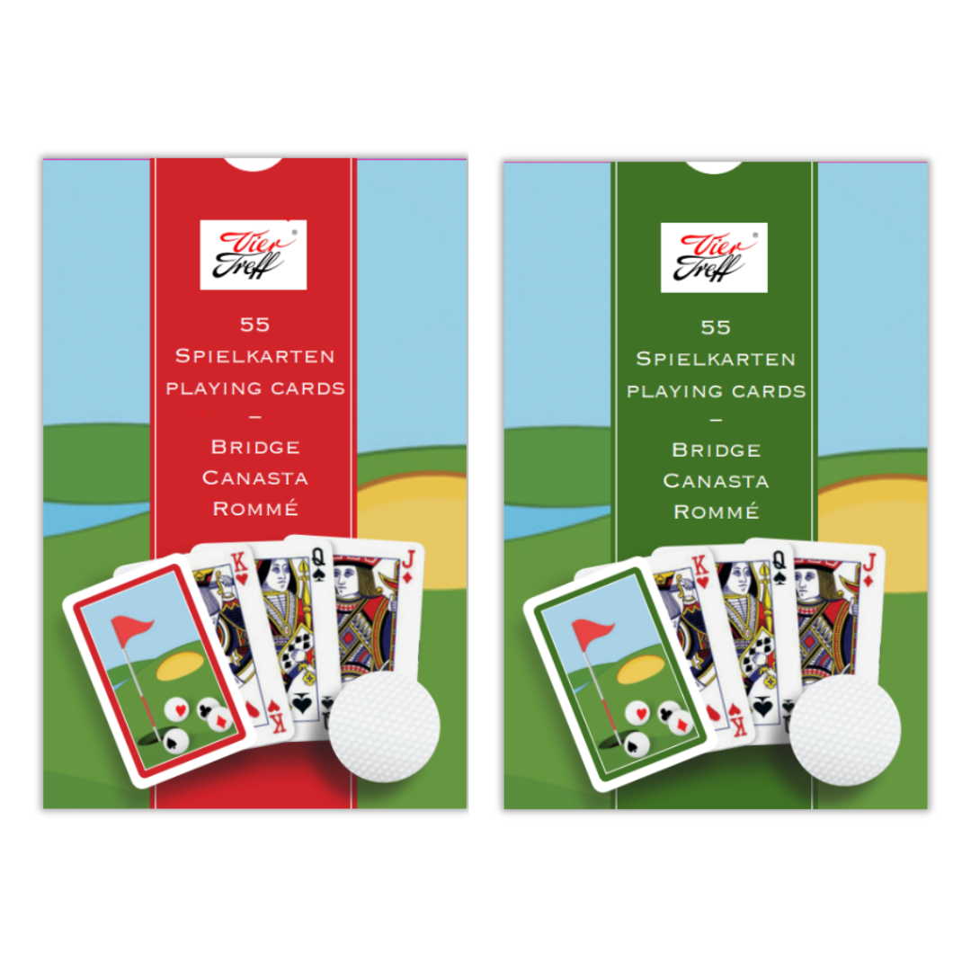 Die hochglanzlaminierten Boxen der Spielkarten mit Golfmotiv - einmal die Box mit rotem Rand, einmal die Box mit grünem Rand auf der Kartenrückseite.