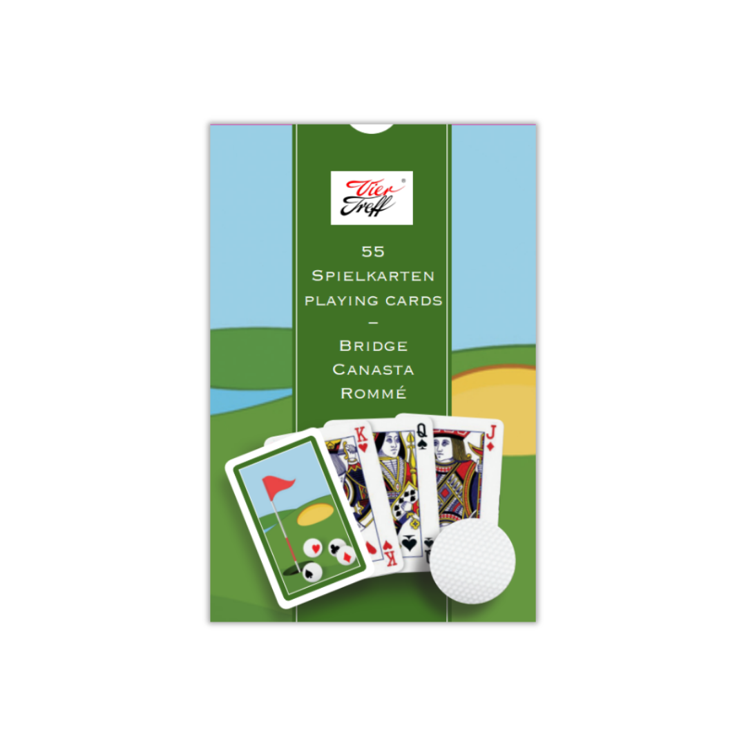 Die hochglanzlaminierten Boxen der Spielkarten mit Golfmotiv - die Box mit dem Kartendeck mit dem grünen Rand auf der Kartenrückseite.