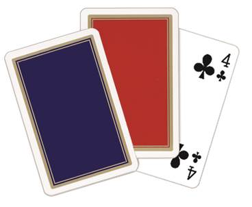 Spielkartenfächer - Rückseite rot, Rückseite blau, Vorderseite Treff 4