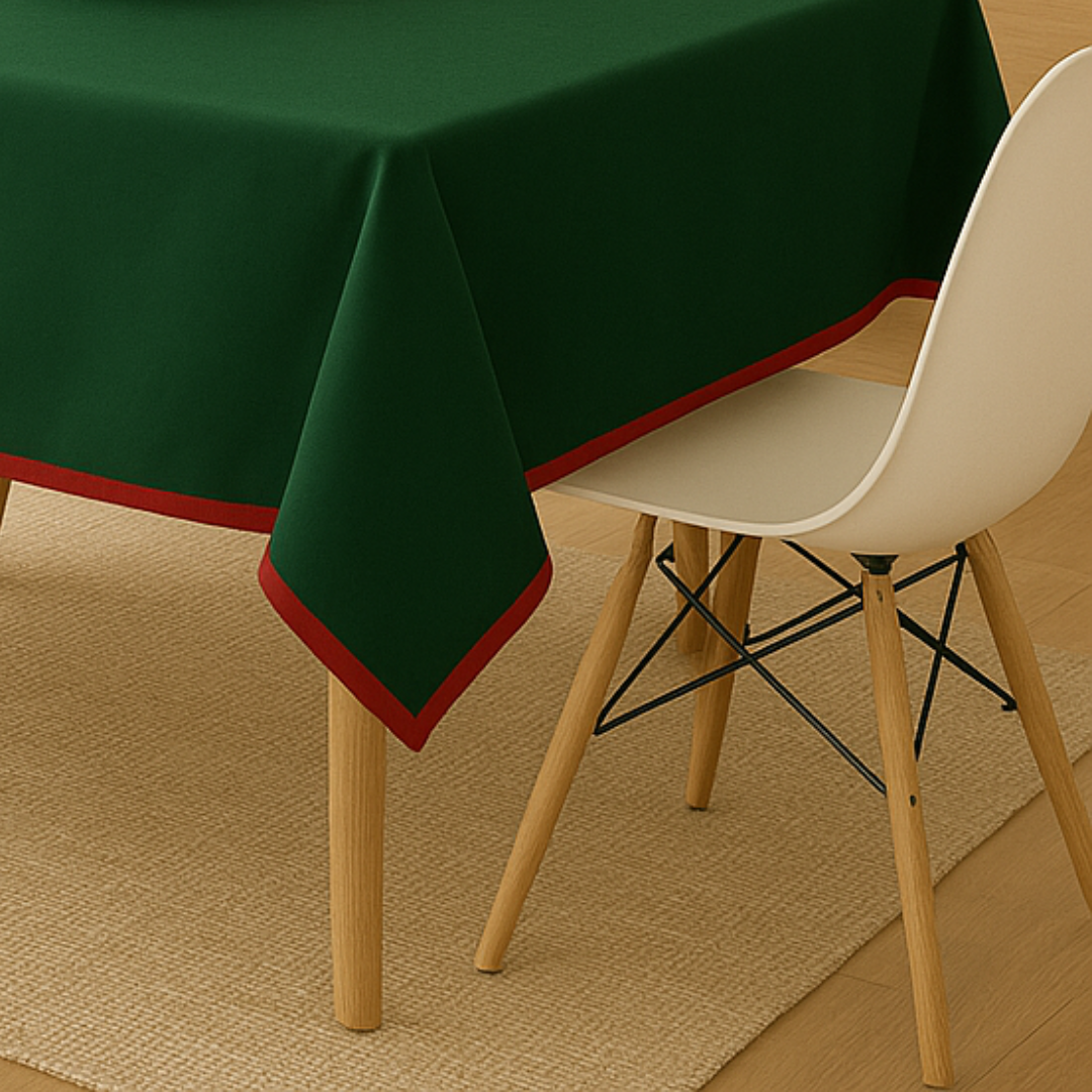 Tischdecke, grün - rot eingefasst