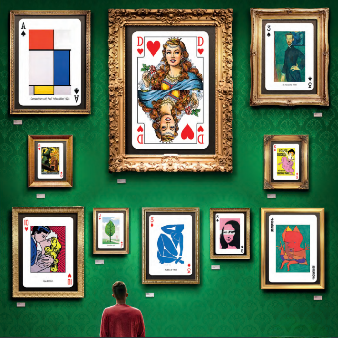 Collage aus vielen Spielkarten-Schachteln der Collectors Cards von Piatnik 