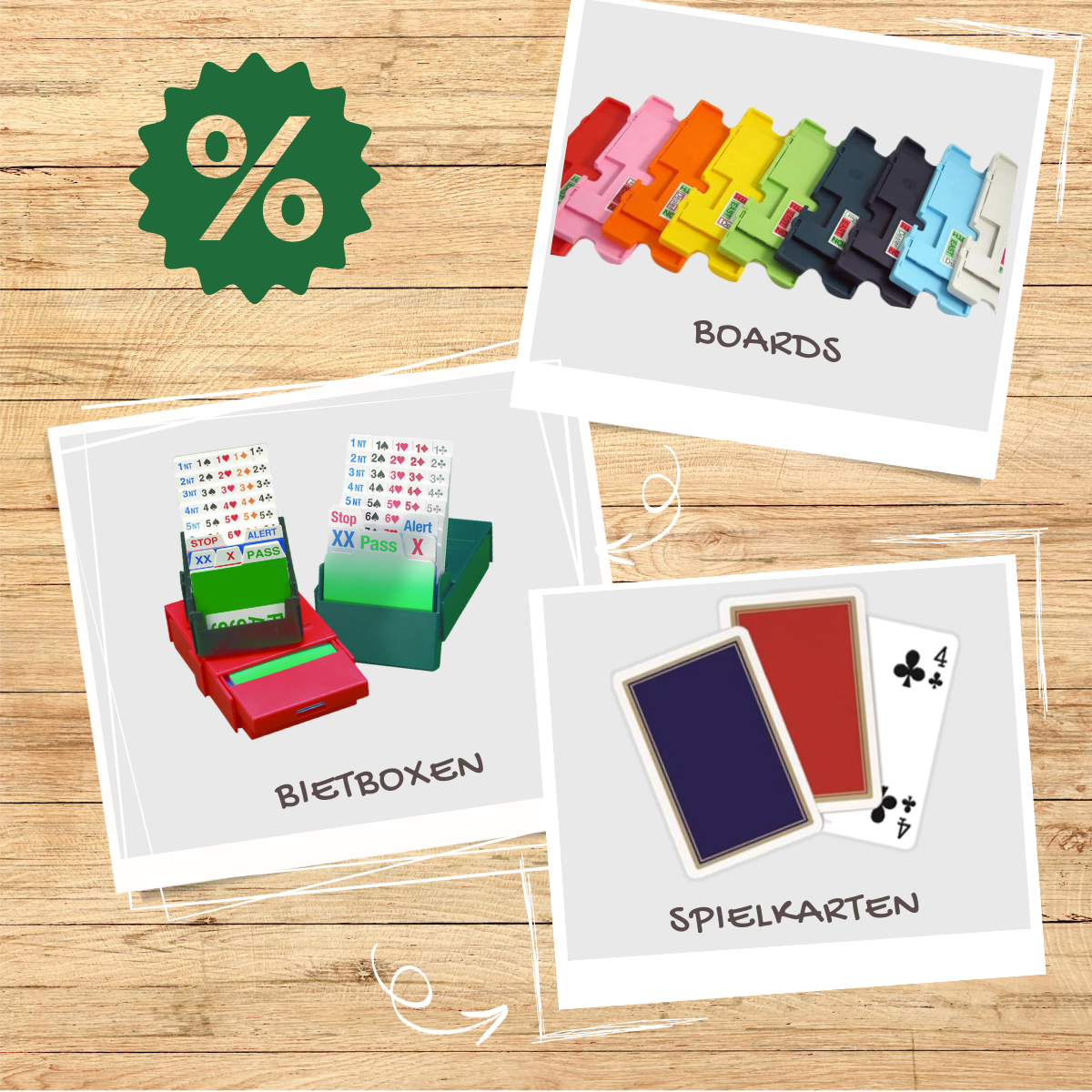 Beispielhafte Inhalte von Bridge-Bundles: Boards, Bietboxen und Spielkarten zum Vorteilspreis